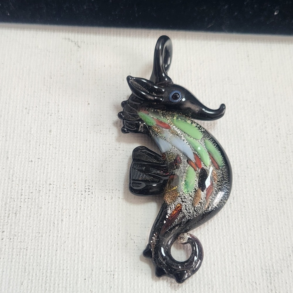 Handblown Lampwork Glass Seahorse Pendant Black Multi Color Dichroic‎ Art Glass